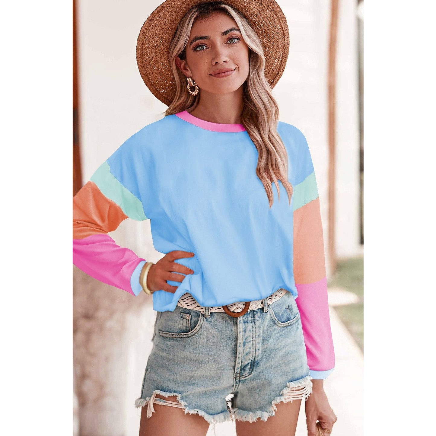 Talia Blue Colorblock Patchwork Long Sleeve Loose Top