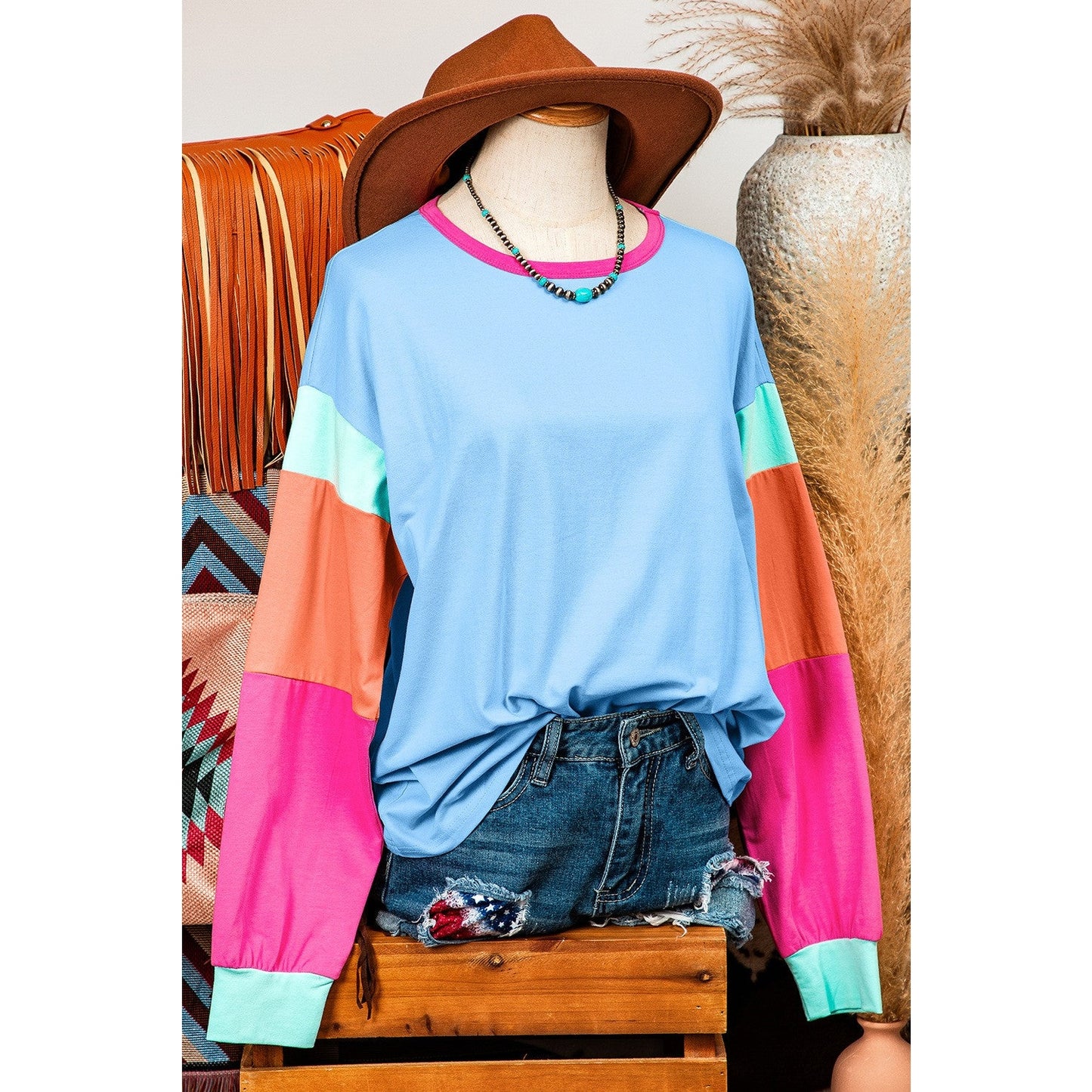 Talia Blue Colorblock Patchwork Long Sleeve Loose Top