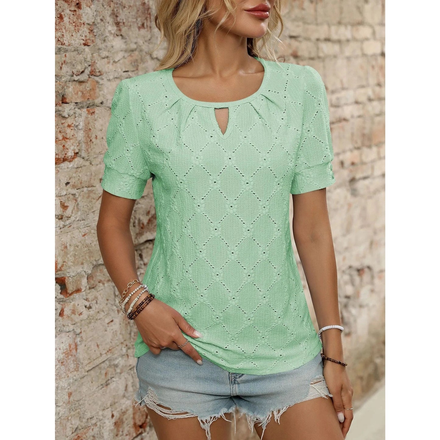 Talia Green Textured Keyhole Blouse