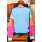 Talia Blue Colorblock Patchwork Long Sleeve Loose Top