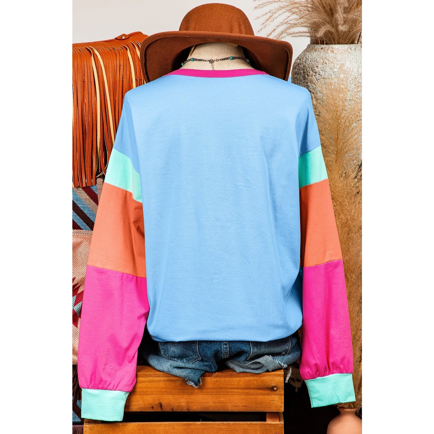 Talia Blue Colorblock Patchwork Long Sleeve Loose Top