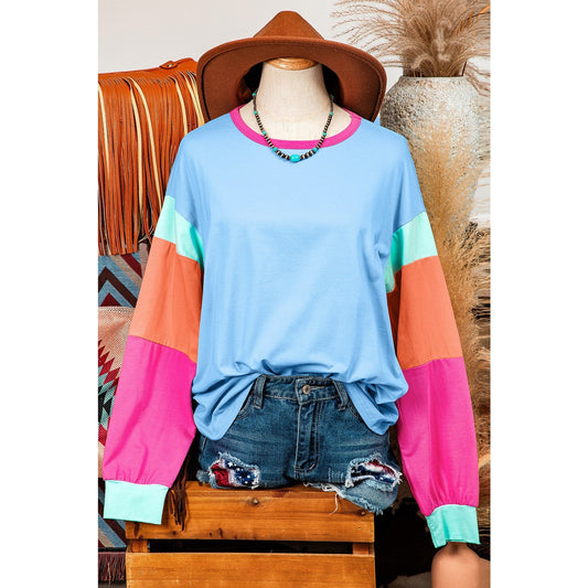 Talia Blue Colorblock Patchwork Long Sleeve Loose Top