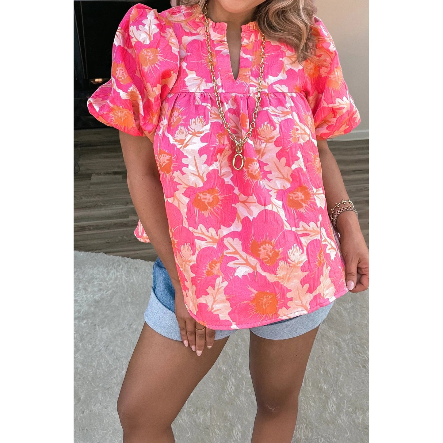 Tallis Pink Short Bubble Sleeve Summer Floral Blouse