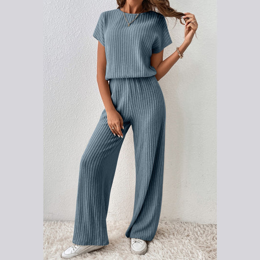 Tamryn Blue Ribbed Keyhole Short Sleeve Wide Leg Jumpsuit