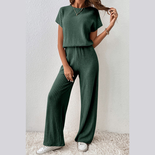 Tamryn Dark Green Ribbed Keyhole Short Sleeve Wide Leg Jumpsuit