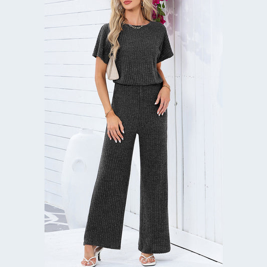 Tamryn Charcoal Ribbed Keyhole Short Sleeve Wide Leg Jumpsuit