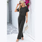 Tamryn Charcoal Ribbed Keyhole Short Sleeve Wide Leg Jumpsuit