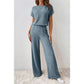 Tamryn Blue Ribbed Keyhole Short Sleeve Wide Leg Jumpsuit