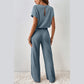 Tamryn Blue Ribbed Keyhole Short Sleeve Wide Leg Jumpsuit