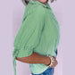 Tamera Mint Green Striped Print Collared Split Neck Half Sleeve Blouse