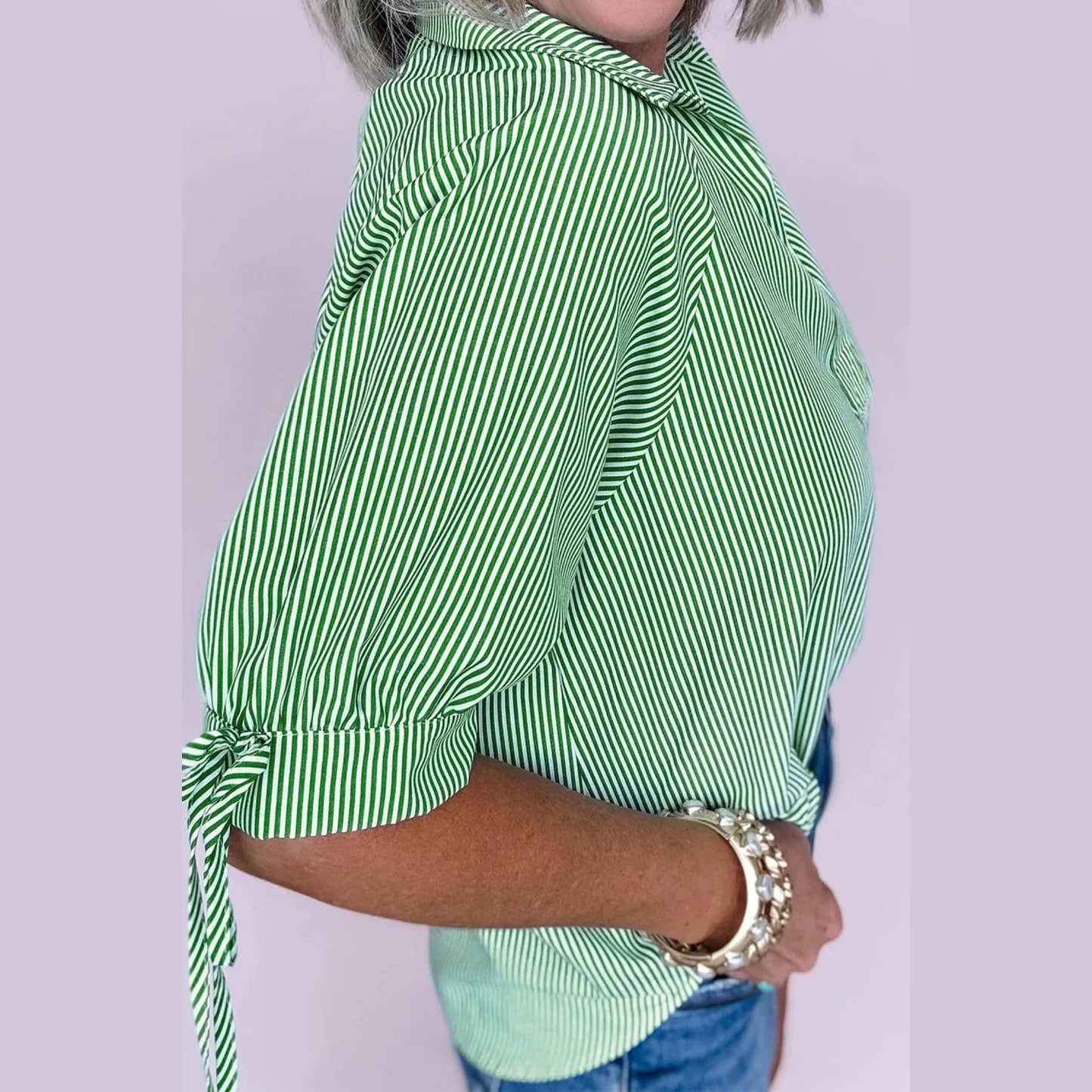 Tamera Mint Green Striped Print Collared Split Neck Half Sleeve Blouse