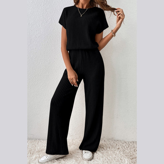 Tamryn Black Ribbed Keyhole Short Sleeve Wide Leg Jumpsuit