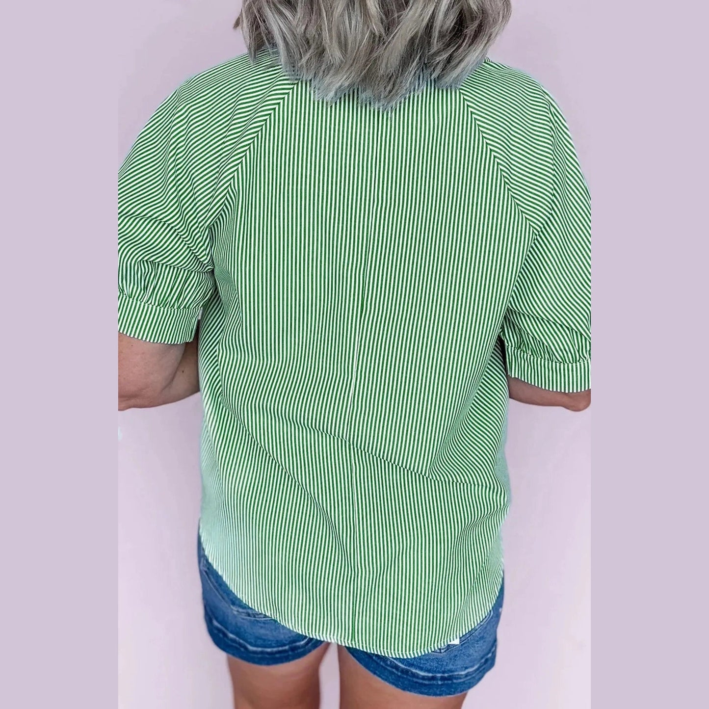 Tamera Mint Green Striped Print Collared Split Neck Half Sleeve Blouse