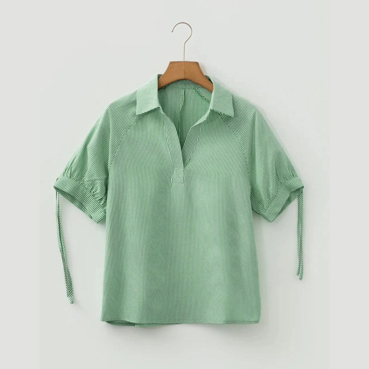 Tamera Mint Green Striped Print Collared Split Neck Half Sleeve Blouse
