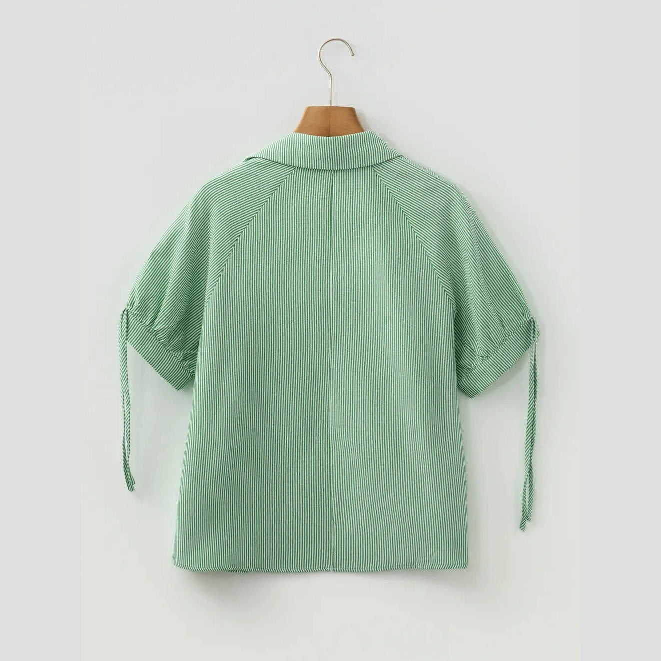 Tamera Mint Green Striped Print Collared Split Neck Half Sleeve Blouse