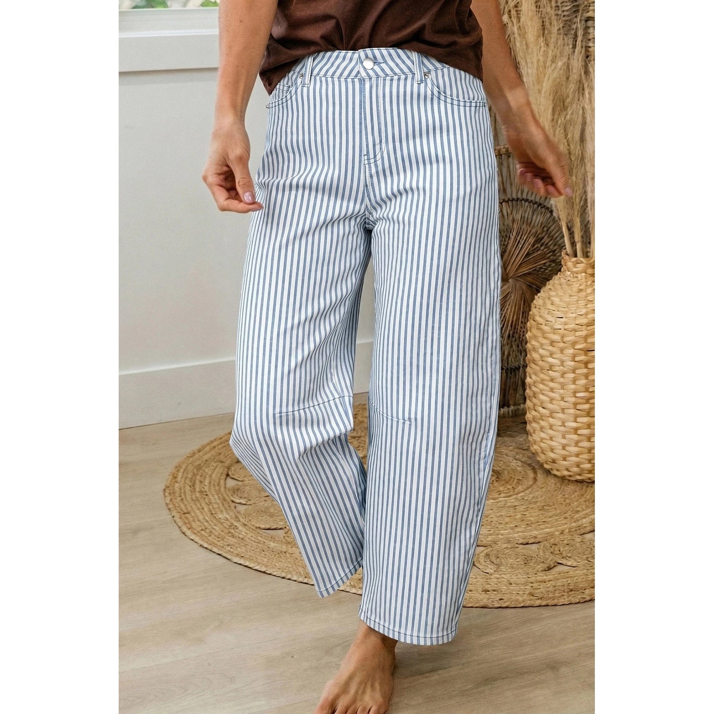 Tamma Sky Blue Stripe Casual Barrel Jeans