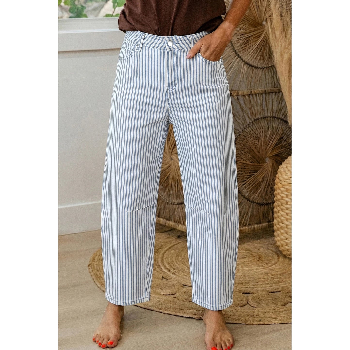 Tamma Sky Blue Stripe Casual Barrel Jeans