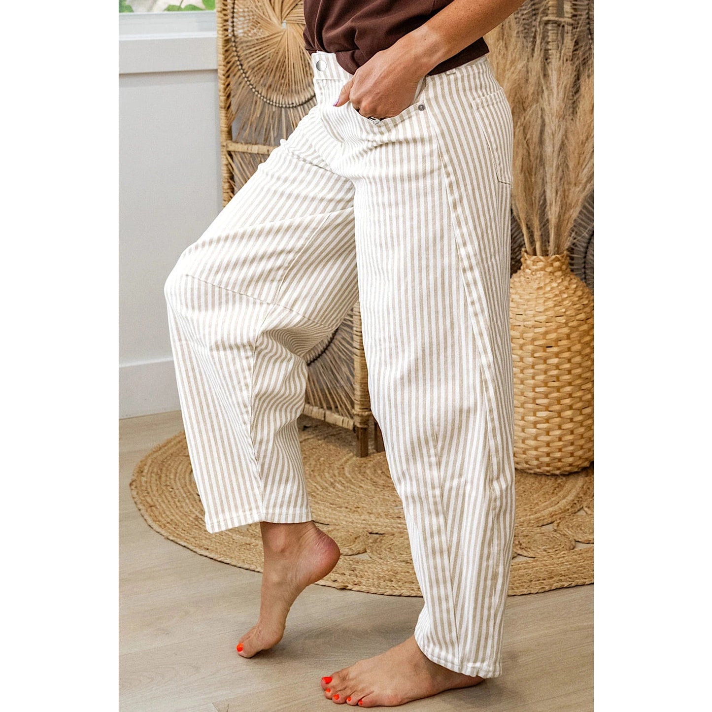 Tamma Khaki Stripe Casual Barrel Jeans