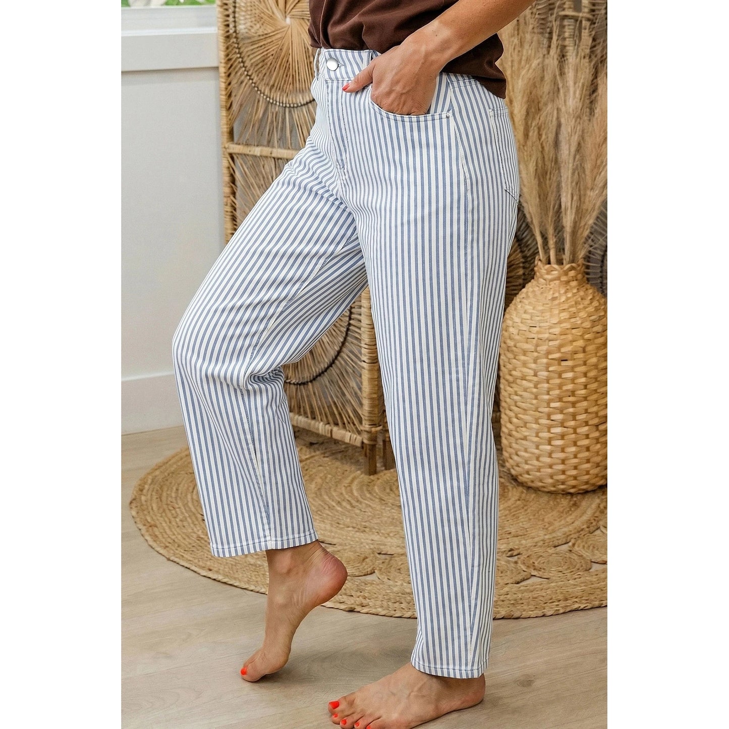 Tamma Sky Blue Stripe Casual Barrel Jeans