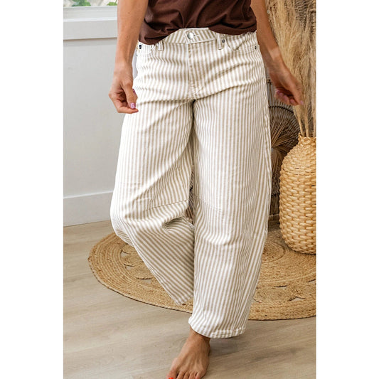 Tamma Khaki Stripe Casual Barrel Jeans