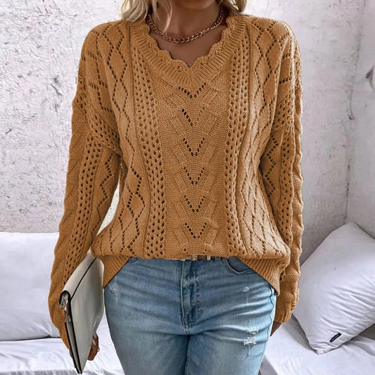 Tammy Caramel V Neck Chevron Scallop Sweater