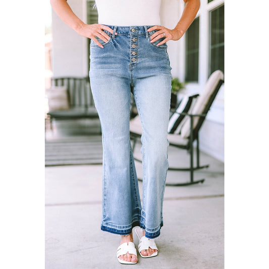 Tanya Sky Blue High Waist Buttoned Distressed Flared Jeans