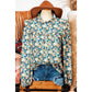 Tara Sky Blue Floral Print Frilled Mock Neck Puff Sleeve Blouse