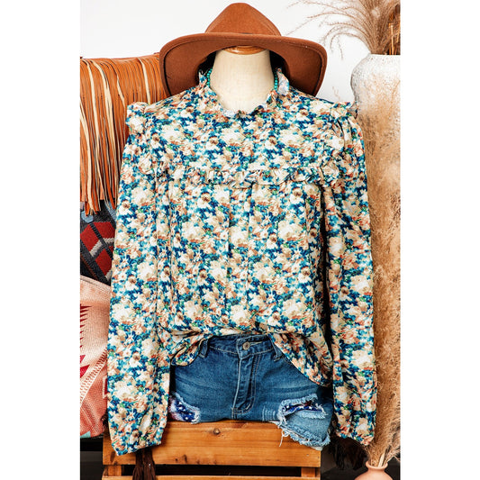 Tara Sky Blue Floral Print Frilled Mock Neck Puff Sleeve Blouse