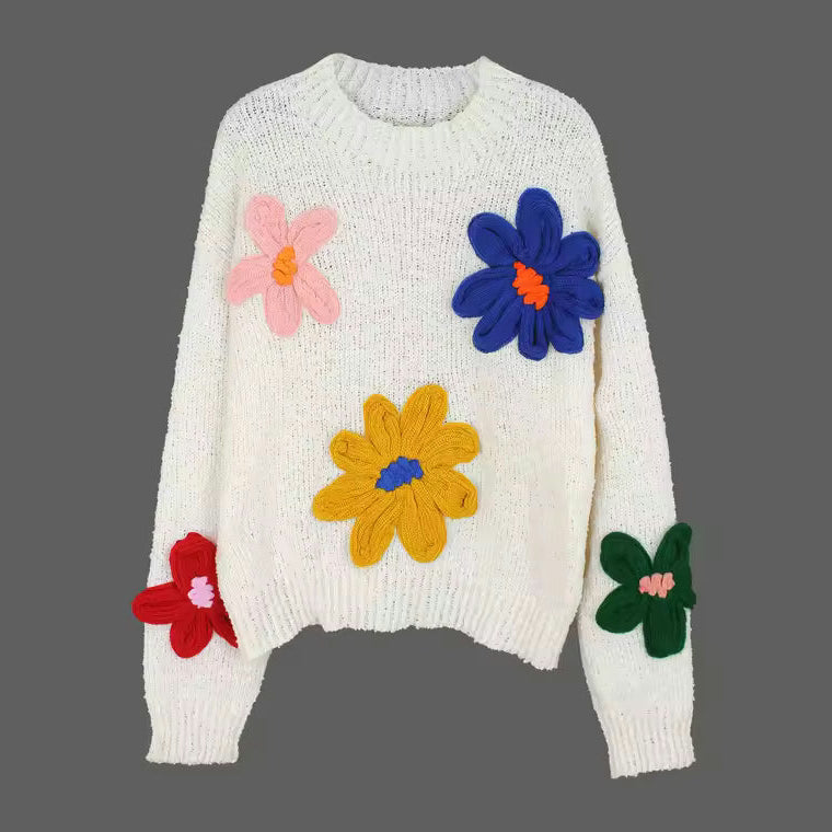 Tara White 3D Floral Knit Sweater