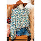 Tara Sky Blue Floral Print Frilled Mock Neck Puff Sleeve Blouse