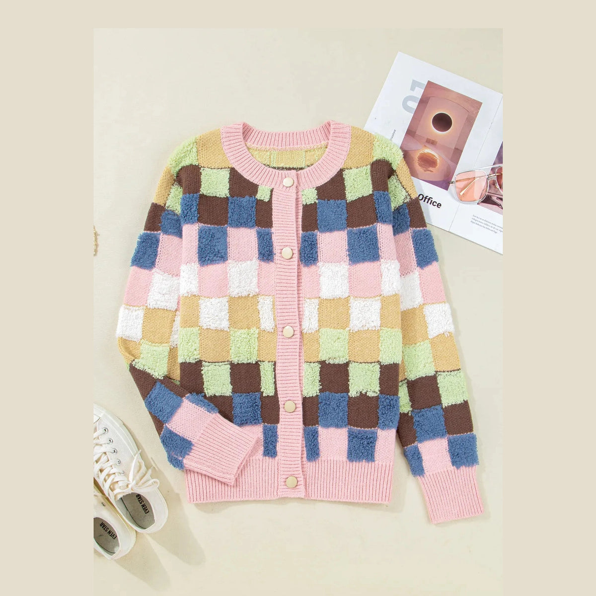 SALE!!!  Taralyn Plush Checkered Pattern Button Front Cardigan Sweater