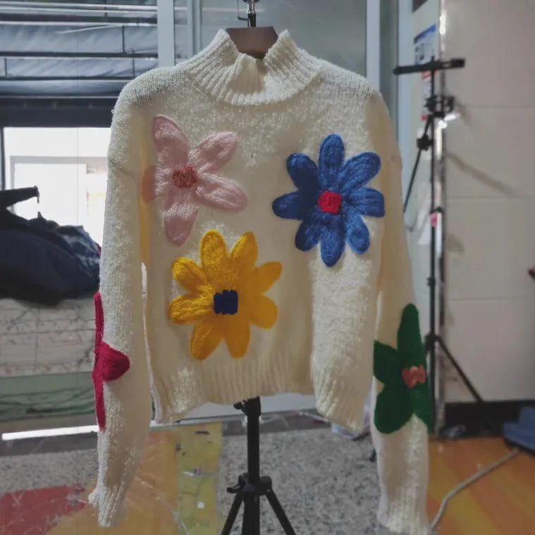 Tara White 3D Floral Knit Sweater