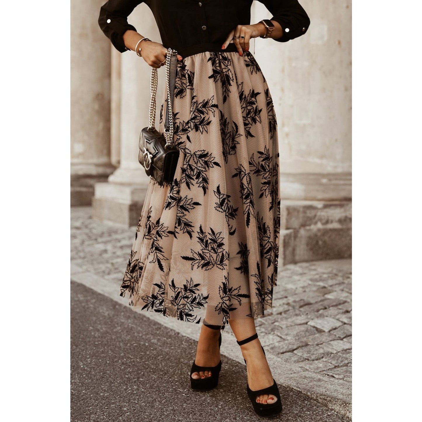 Taran Floral Leaves Embroidered High Waist Maxi Skirt