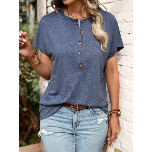 Tarilyn Blue Half Button Short Sleeve Top