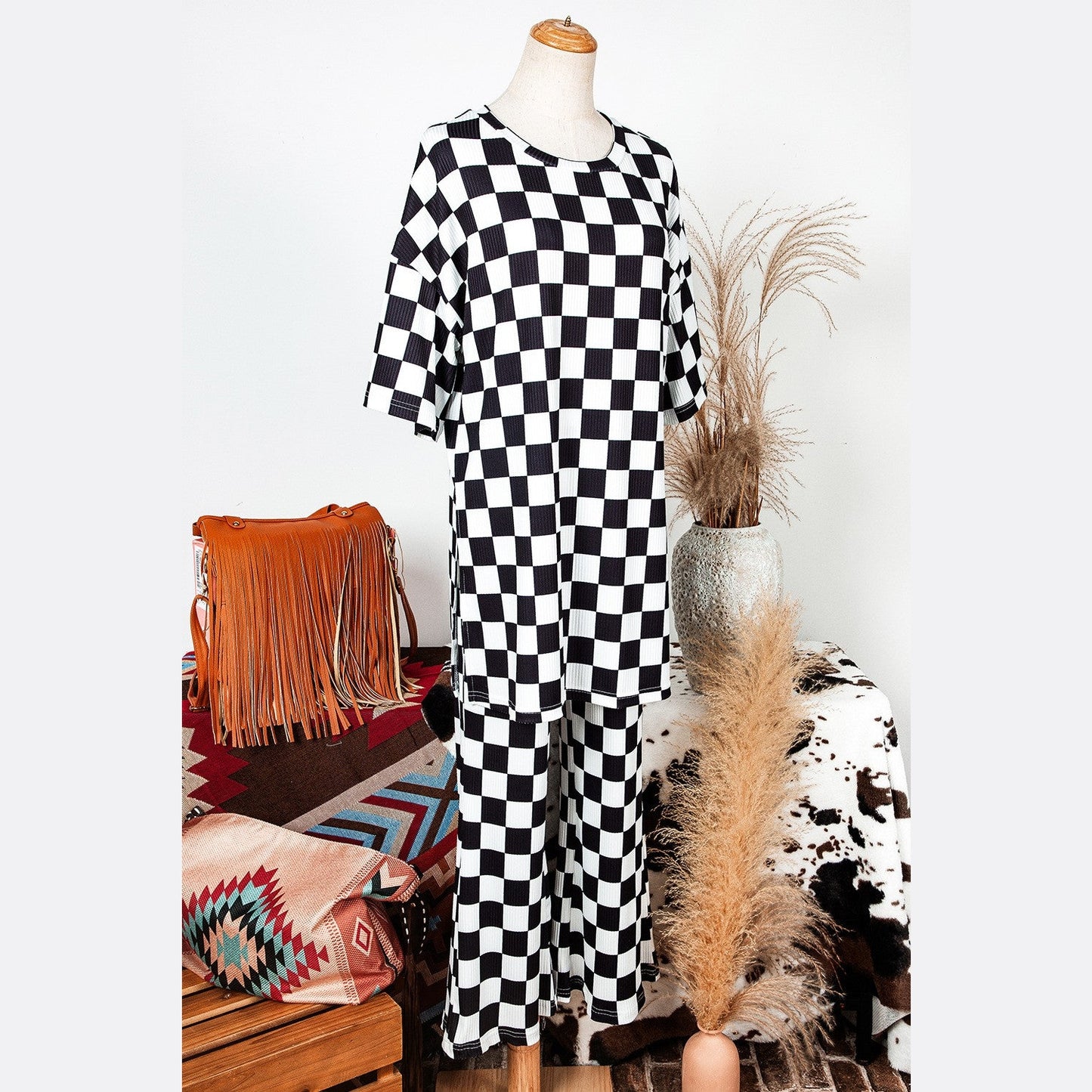 Taryn Black Checkered Print Half Sleeve Tunic Top and Flared Pants Set