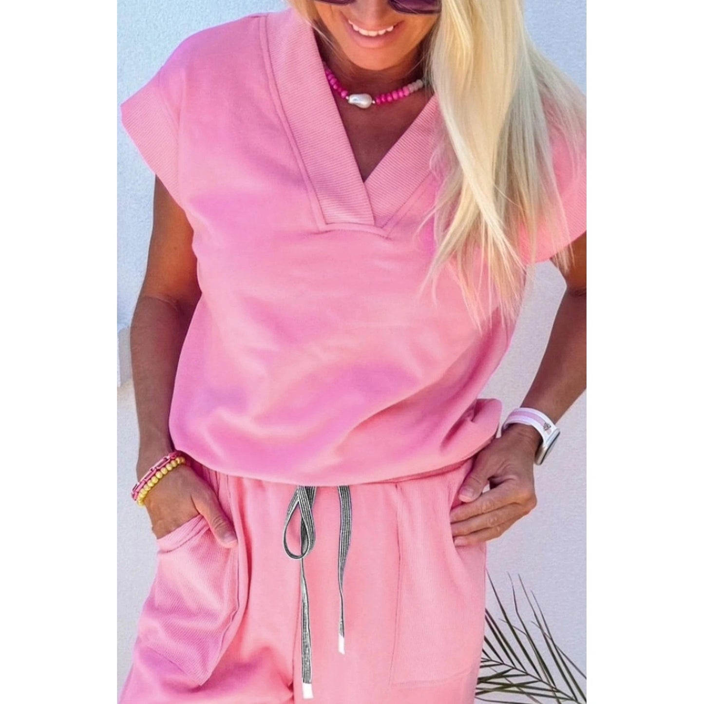Taryn Pink V Neck Tee Drawstring Pant Set