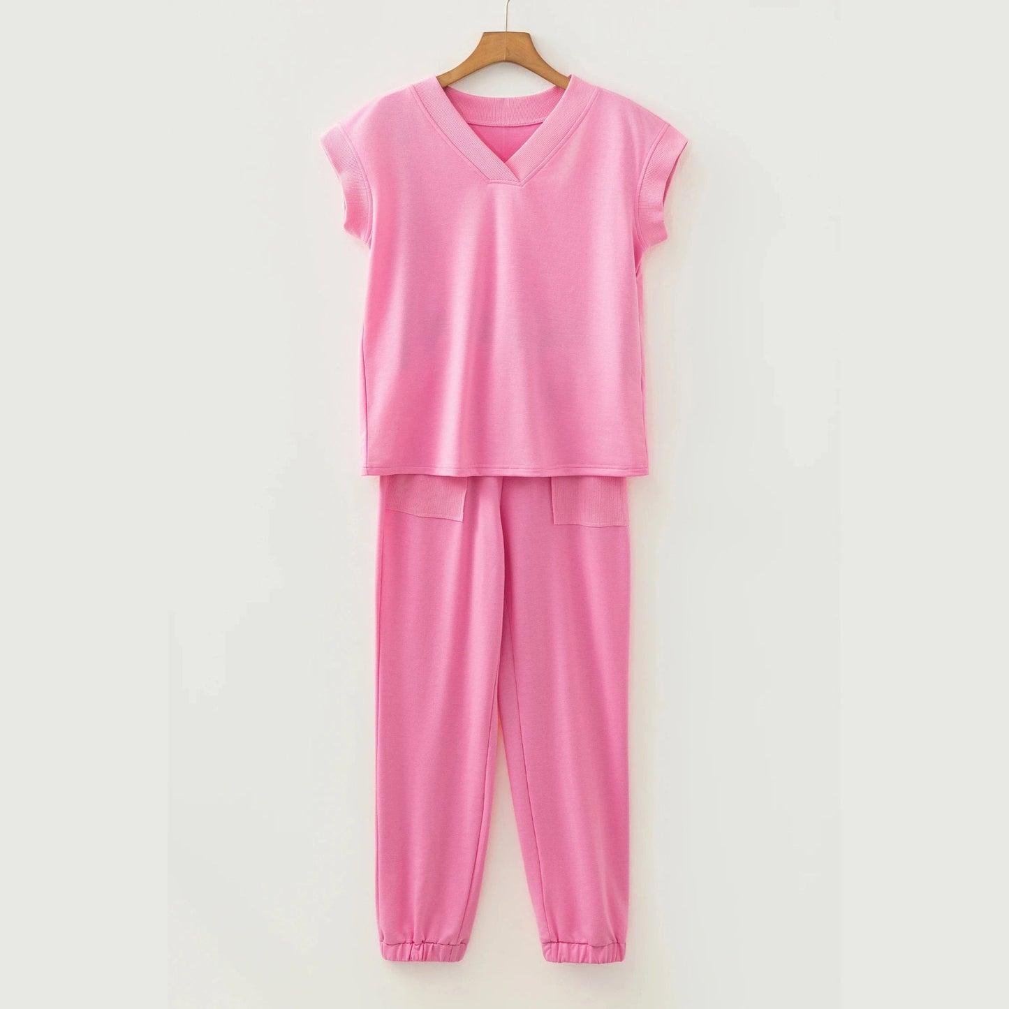 Taryn Pink V Neck Tee Drawstring Pant Set