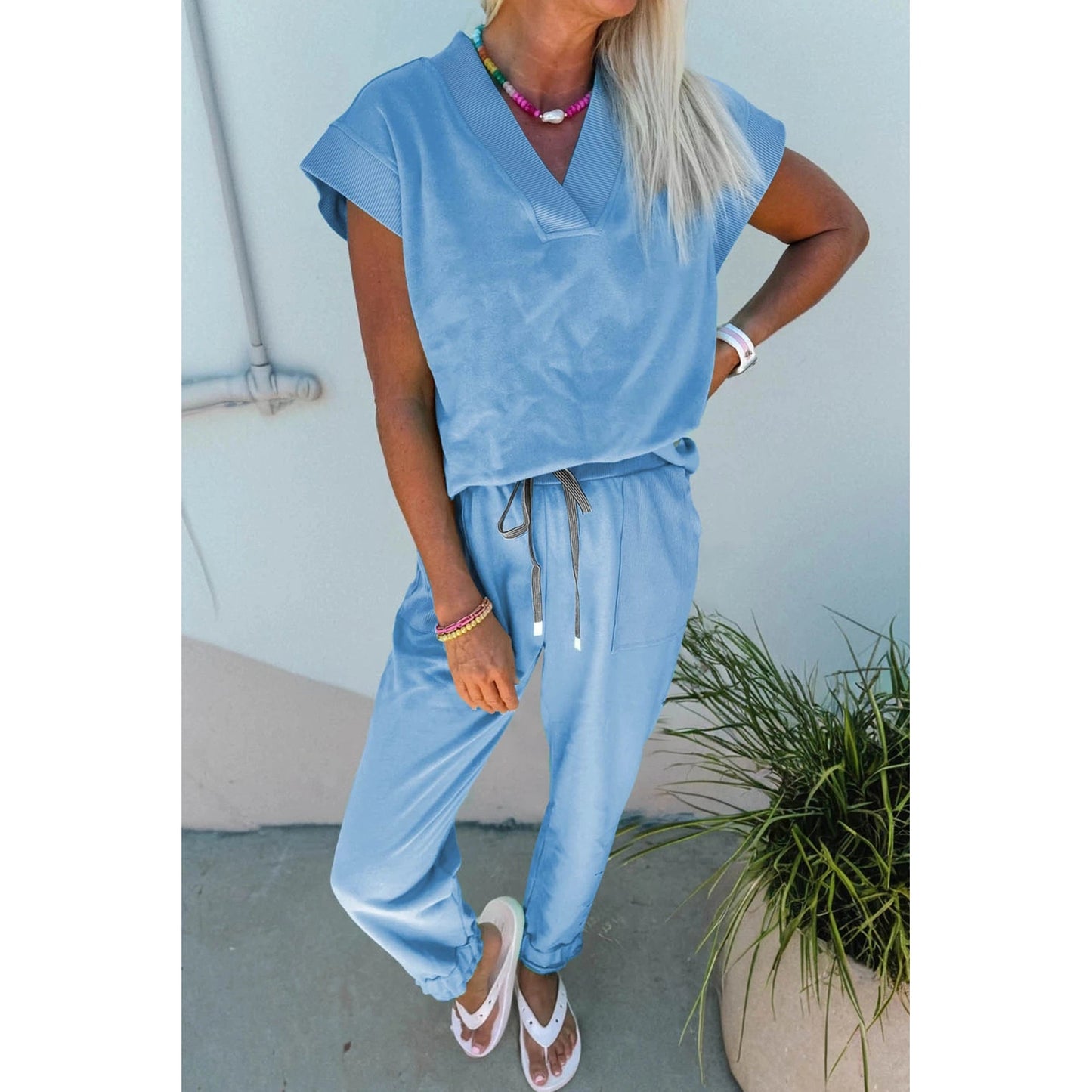 Taryn Beau Blue V Neck Tee Drawstring Pant Set