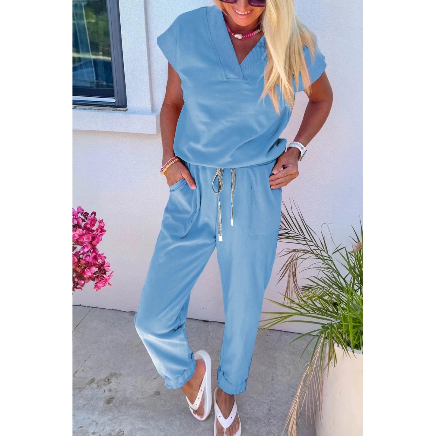 Taryn Beau Blue V Neck Tee Drawstring Pant Set