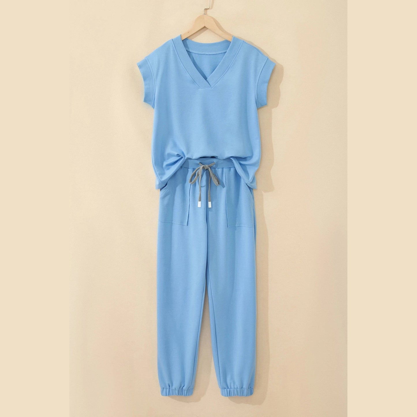 Taryn Beau Blue V Neck Tee Drawstring Pant Set