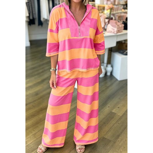 Tatiana Orange Stripe Colorblock Half Sleeve Top Casual Loose Pants 2pcs Set