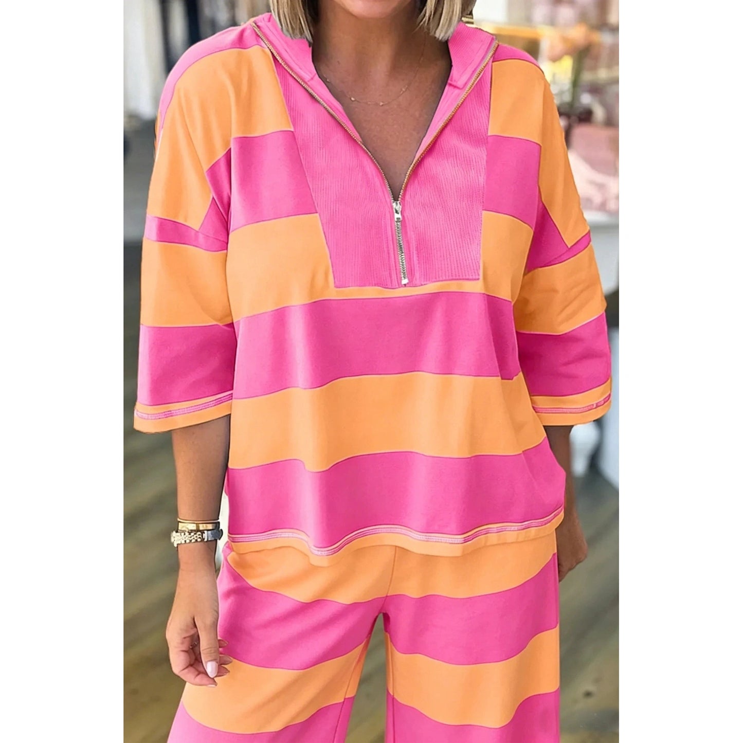 Tatiana Orange Stripe Colorblock Half Sleeve Top Casual Loose Pants 2pcs Set