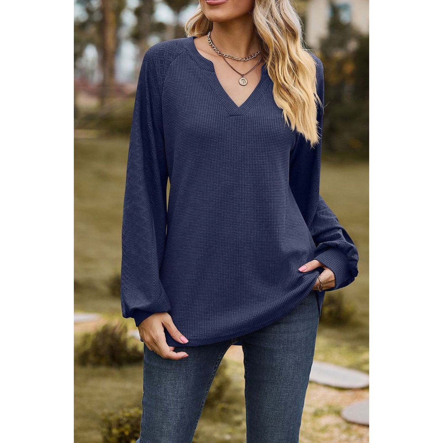 Tate Navy V-Neck Loose Long Sleeve Top