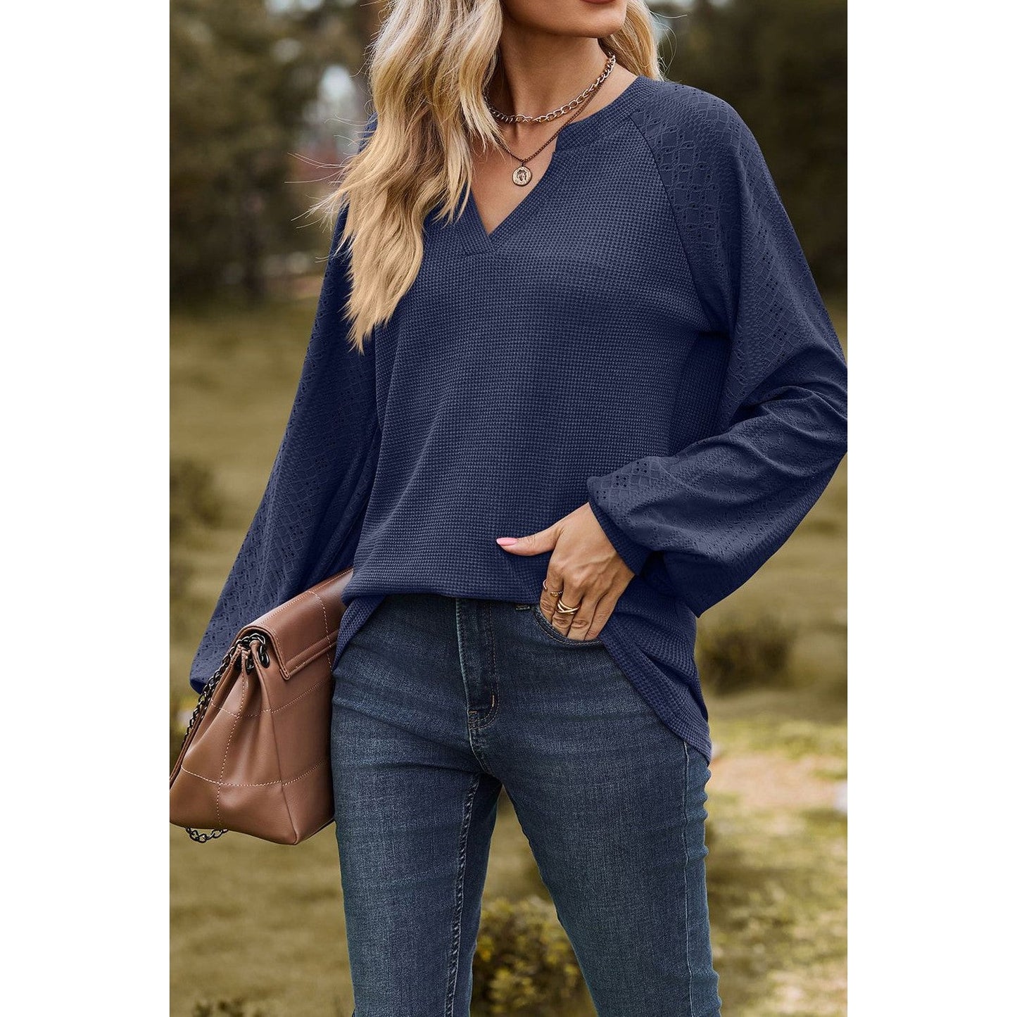 Tate Navy V-Neck Loose Long Sleeve Top