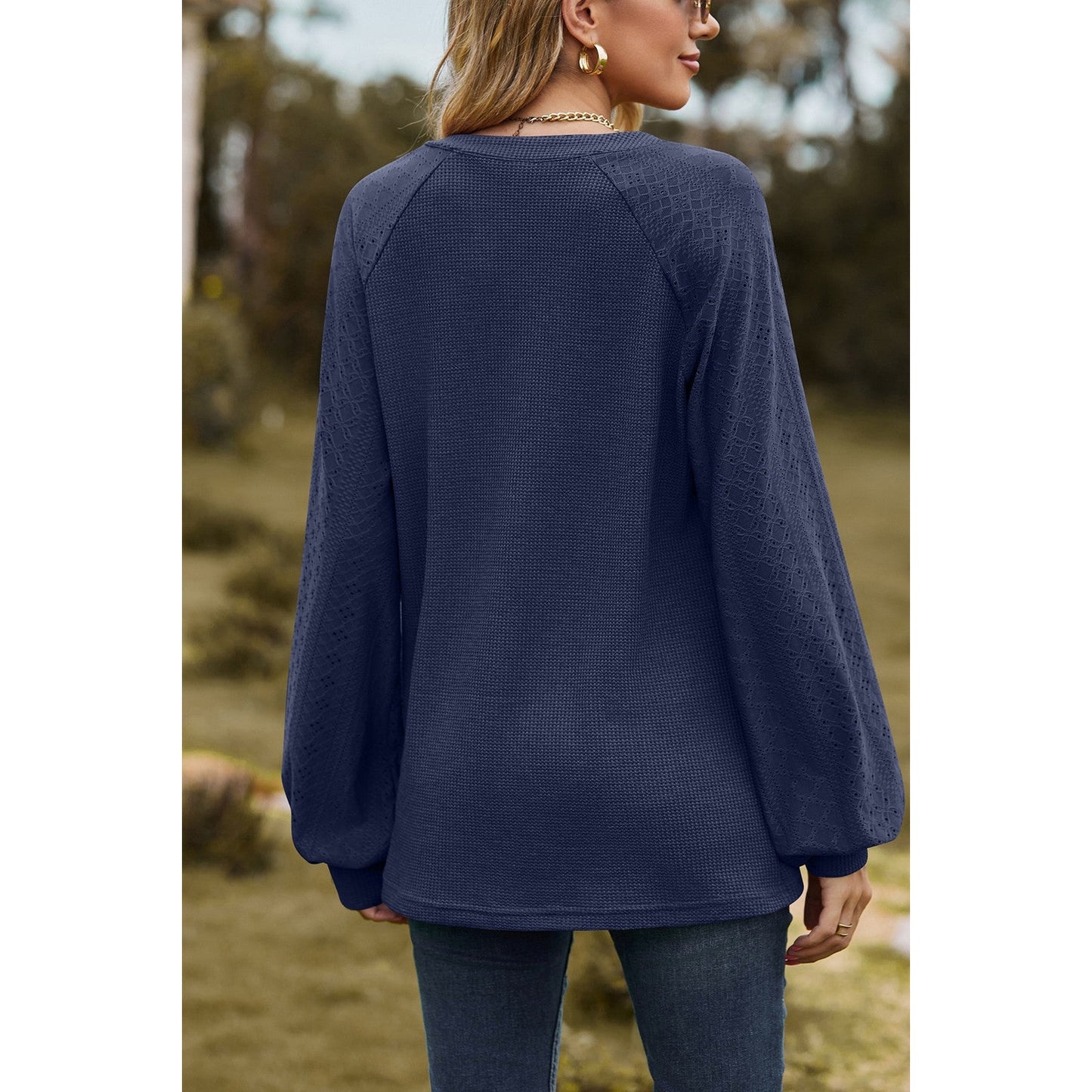 Tate Navy V-Neck Loose Long Sleeve Top