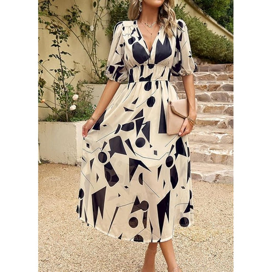 Tati V Neck Puff Sleeve Midi Dress