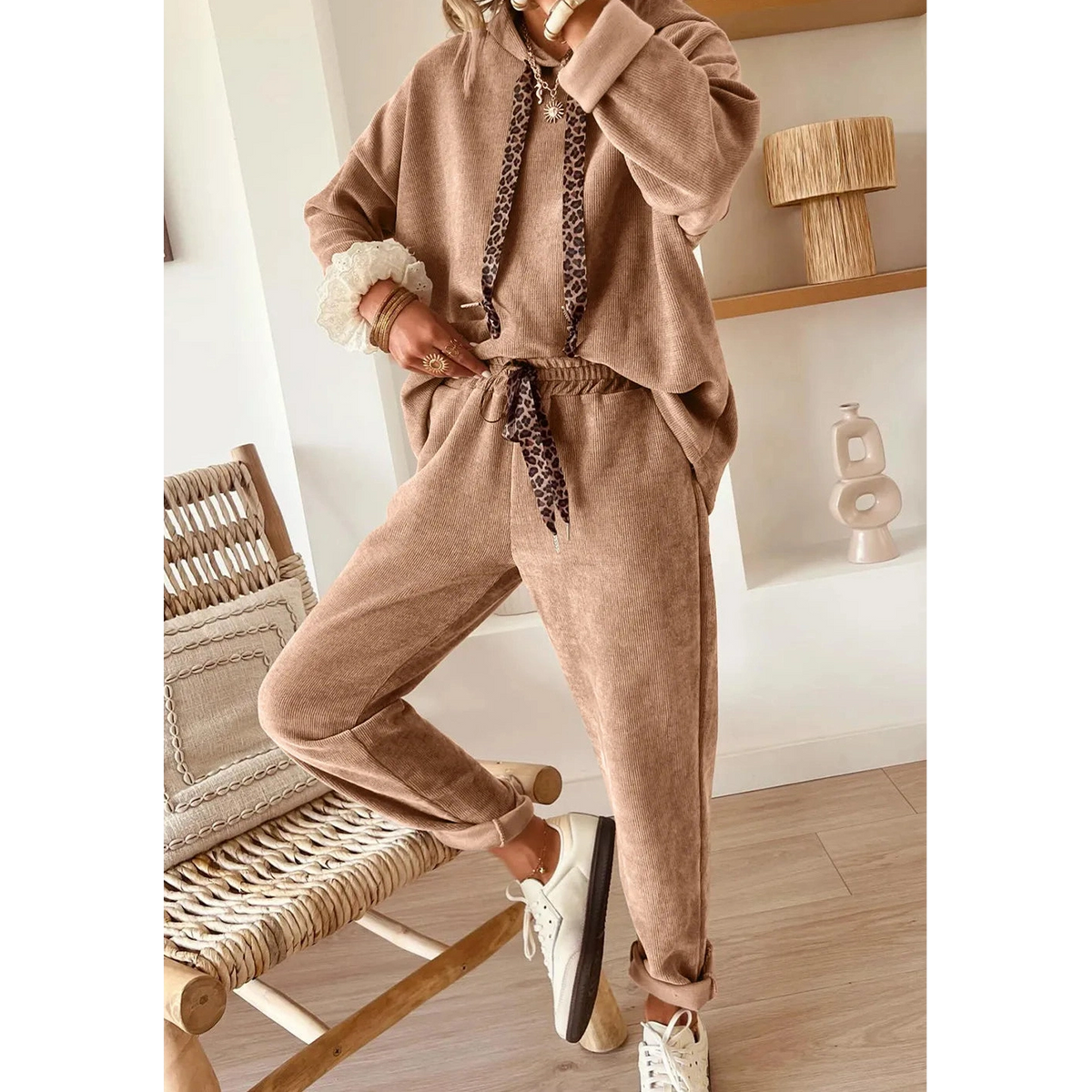Andria Taupe Lace Drawstring Pullover Hoodie and High Waist Pants Corduroy Suit