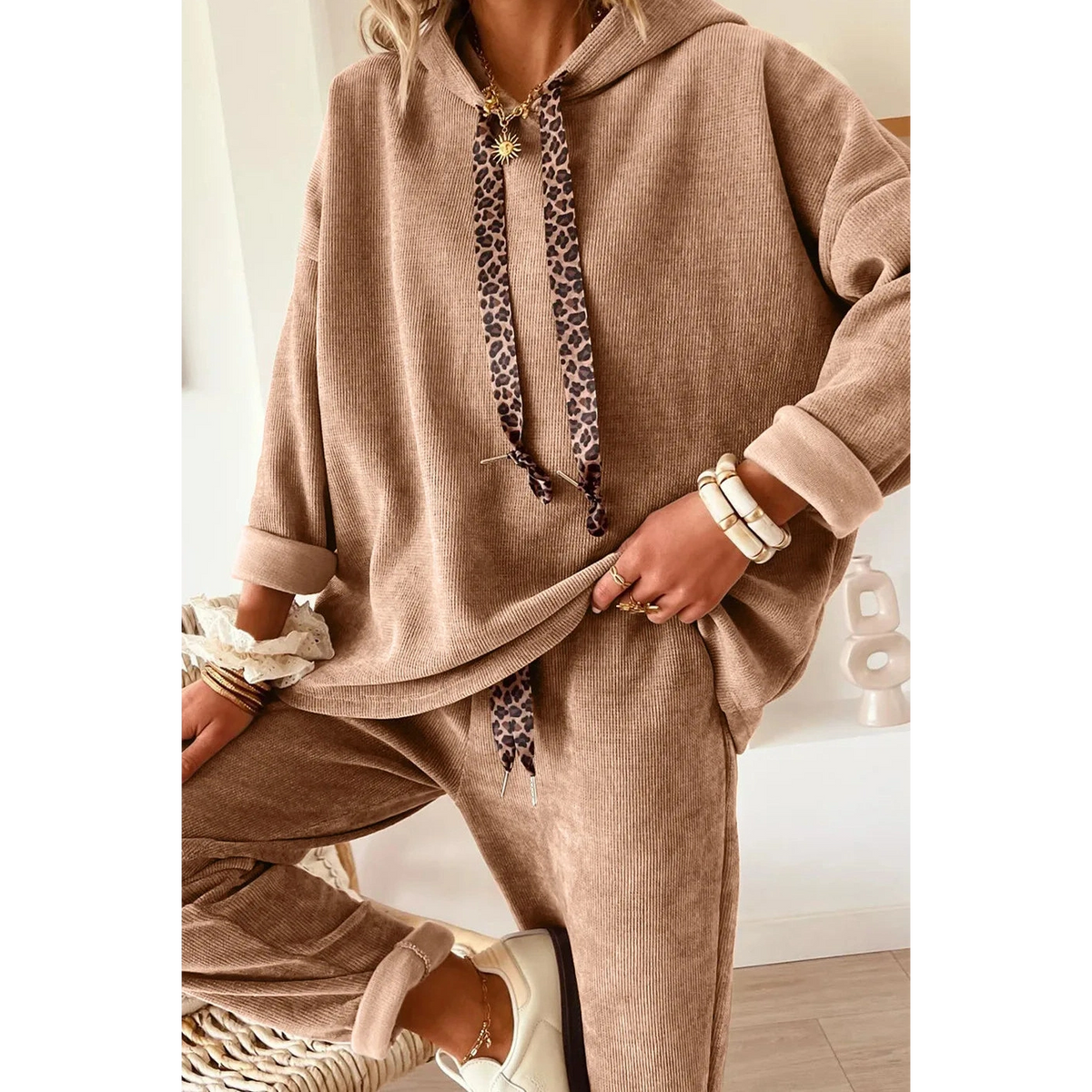 Andria Taupe Lace Drawstring Pullover Hoodie and High Waist Pants Corduroy Suit