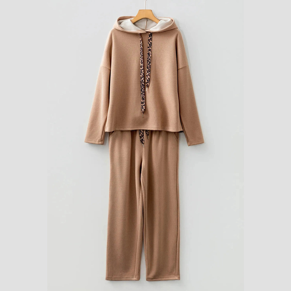 Andria Taupe Lace Drawstring Pullover Hoodie and High Waist Pants Corduroy Suit