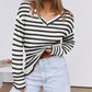Tayce Black & White Striped Loose Fit V Neck Top
